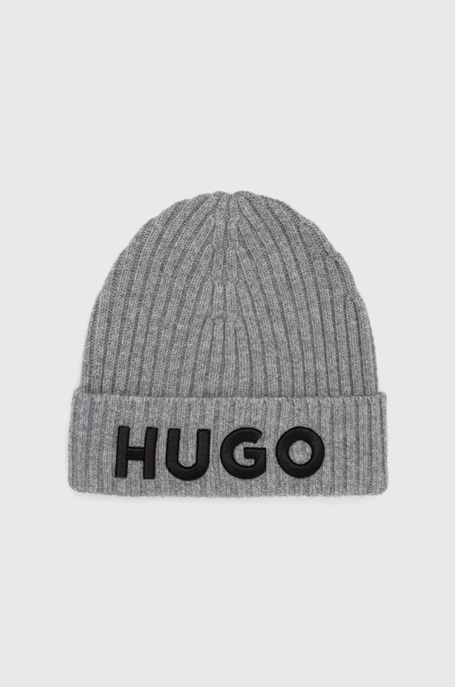 Вовняна шапка HUGO колір сірий з товстого трикотажу вовна (3403621)
