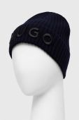 Вовняна шапка HUGO колір синій з товстого трикотажу вовна