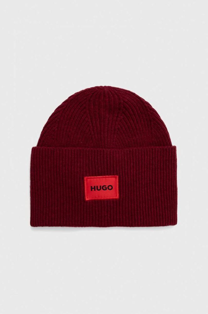 Вовняна шапка HUGO колір бордовий з тонкого трикотажу вовна