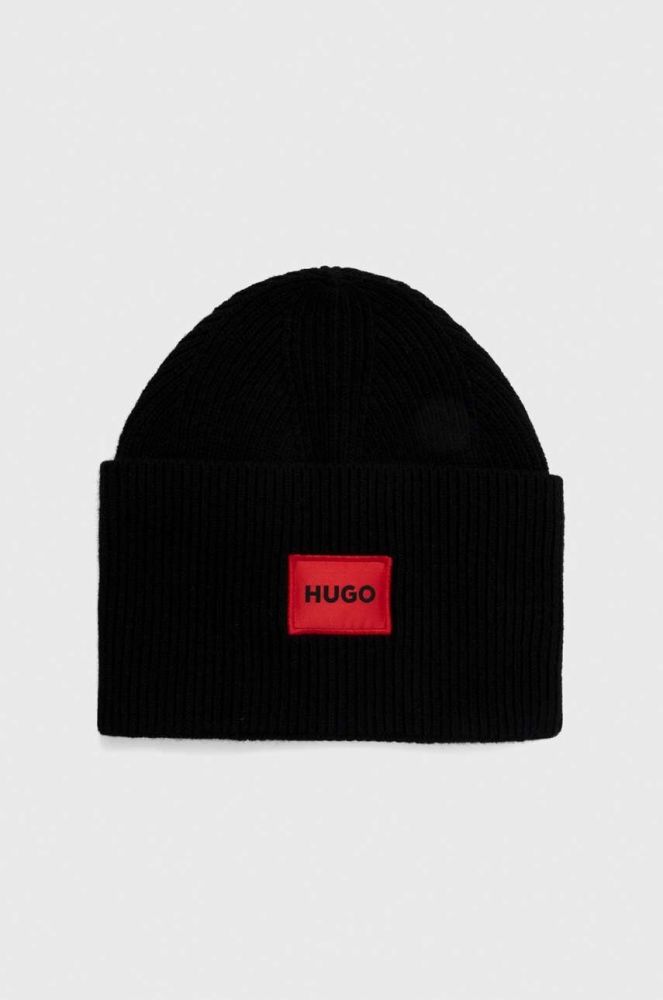 Вовняна шапка HUGO колір чорний з тонкого трикотажу вовна (3434025)