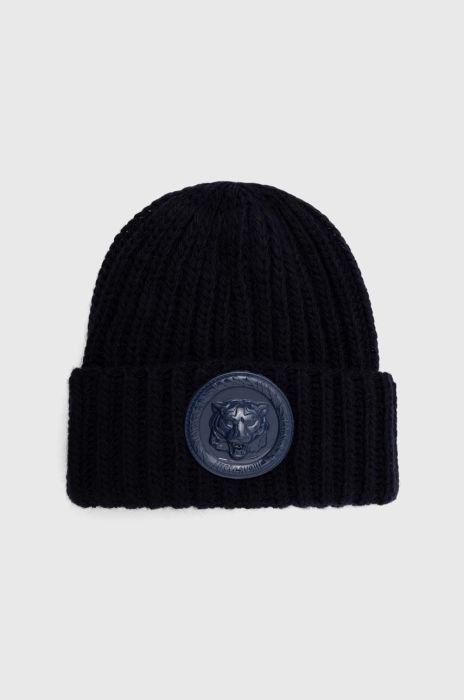 Шапка з домішкою вовни Just Cavalli колір синій з товстого трикотажу
