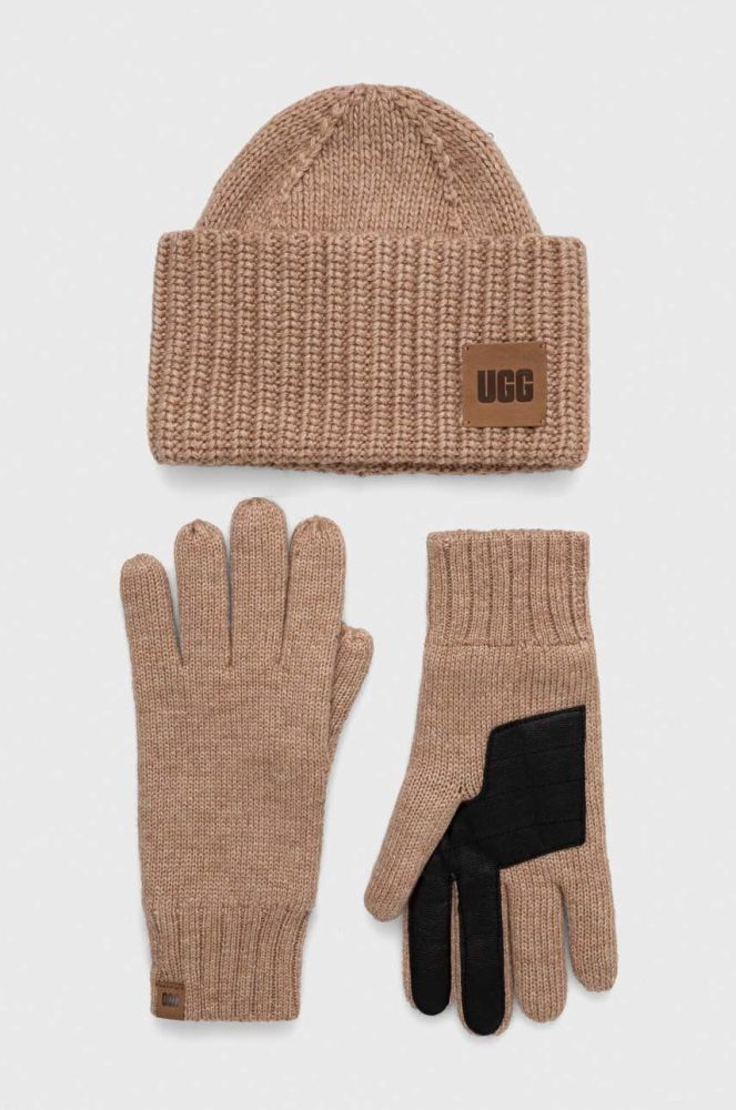 Шапка та рукавички з домішкою вовни UGG колір коричневий