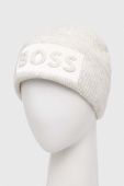Вовняна шапка BOSS колір білий з товстого трикотажу вовна