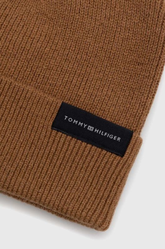 Шапка з домішкою вовни Tommy Hilfiger колір коричневий з тонкого трикотажу фото 2