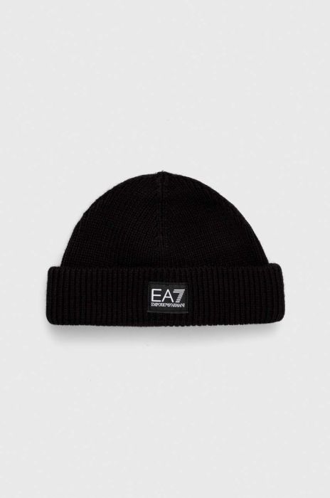 Шапка з домішкою вовни EA7 Emporio Armani колір чорний з товстого трикотажу