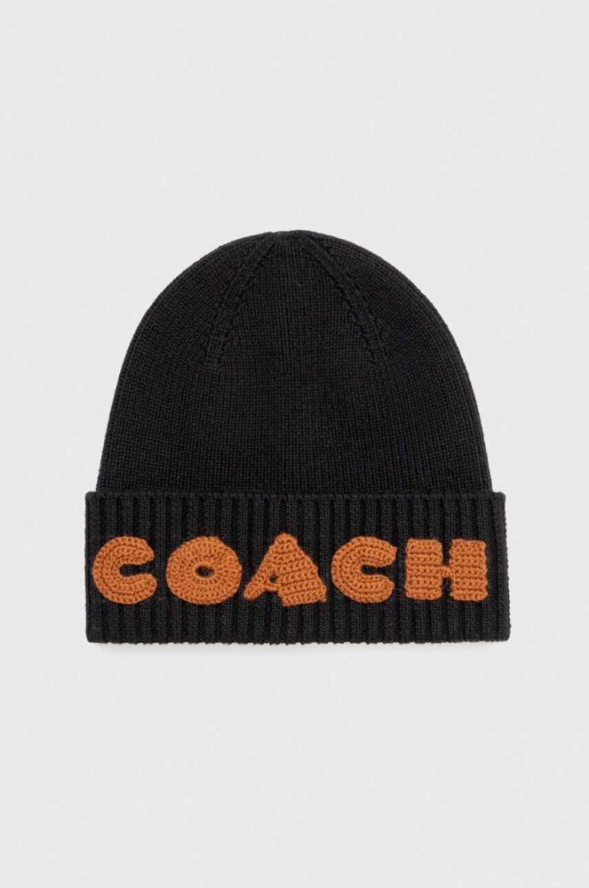 Вовняна шапка Coach колір чорний з тонкого трикотажу вовна