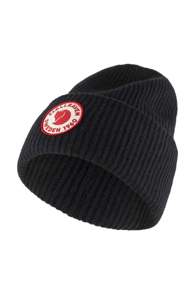 Вовняна шапка Fjallraven 1965 Logo колір чорний з товстого трикотажу вовна