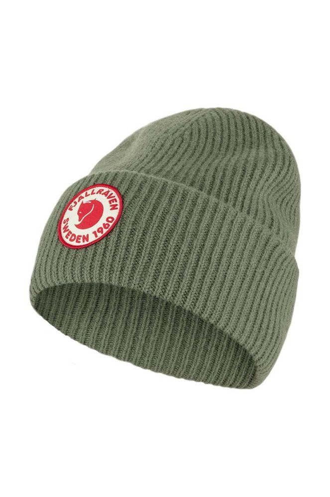 Вовняна шапка Fjallraven 1968 Logo колір зелений з товстого трикотажу вовна