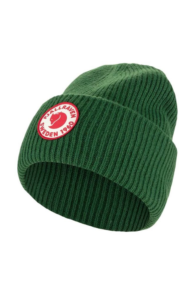 Вовняна шапка Fjallraven 1969 Logo колір зелений з товстого трикотажу вовна