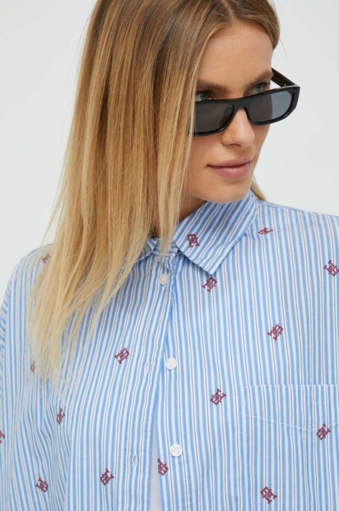 Бавовняна сорочка Tommy Hilfiger жіноча relaxed класичний комір колір блакитний (3381236) фото 5