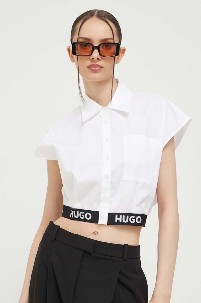 Бавовняна сорочка HUGO жіноча колір білий relaxed класичний комір (3369399)