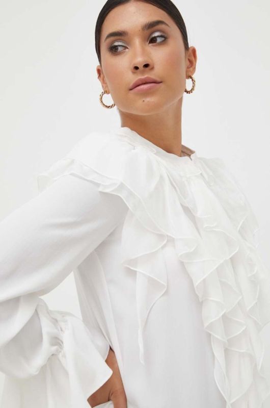 Сорочка з домішкою шовку Pinko колір бежевий regular зі стійкою