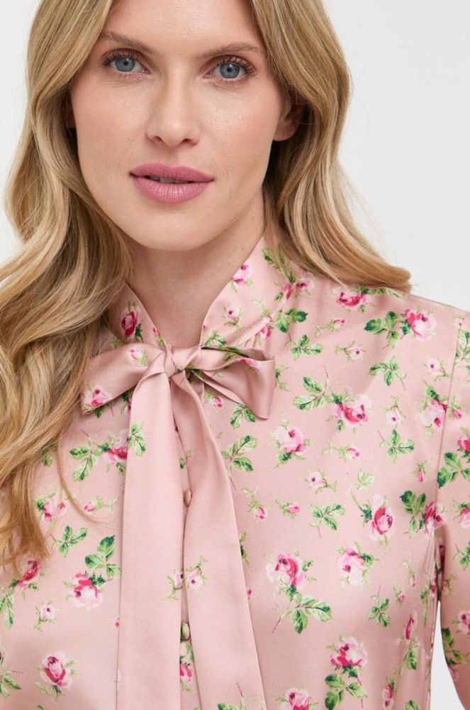 Шовкова сорочка Red Valentino колір рожевий regular зі стійкою фото 5