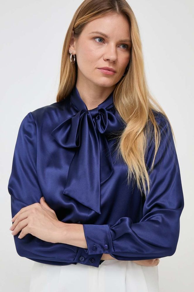 Шовкова сорочка Luisa Spagnoli колір синій regular в'язане декольте