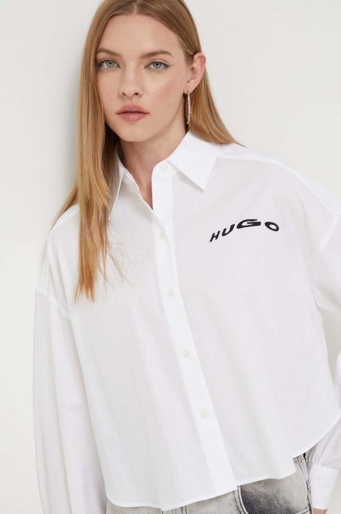 Бавовняна сорочка HUGO жіноча колір білий relaxed класичний комір (3523412)