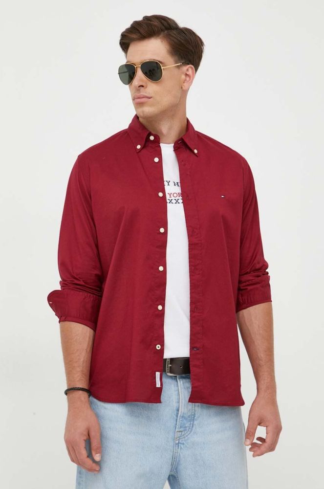 Бавовняна сорочка Tommy Hilfiger чоловіча колір бордовий regular комір button-down (3417574)