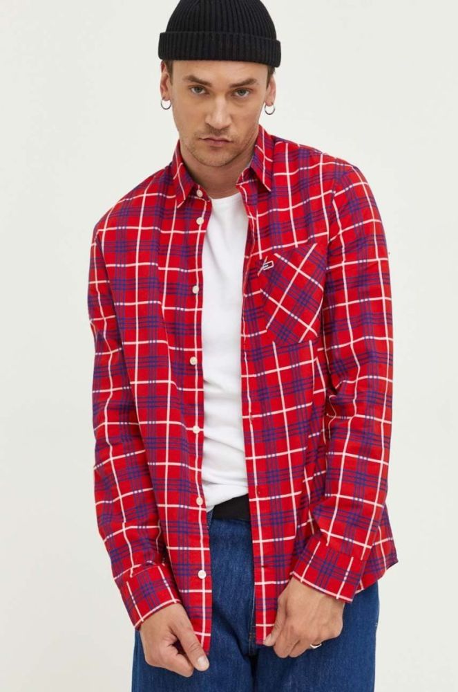 Бавовняна сорочка Tommy Jeans чоловіча колір червоний regular класичний комір фото 4