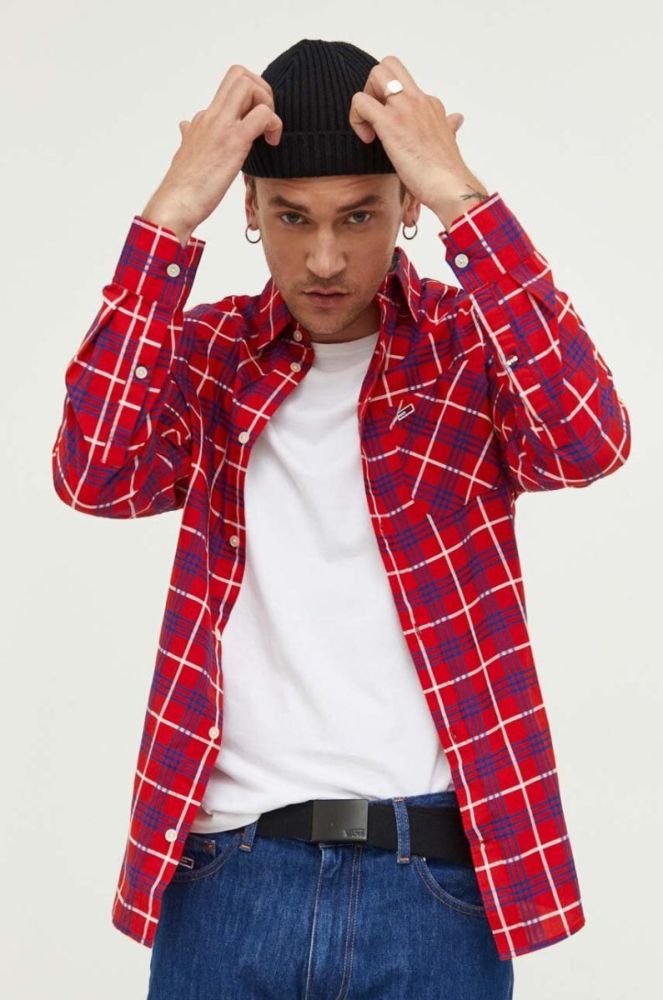 Бавовняна сорочка Tommy Jeans чоловіча колір червоний regular класичний комір фото 5