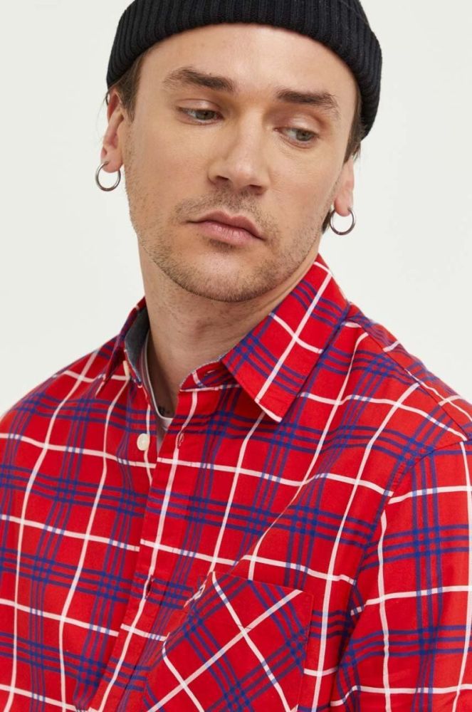 Бавовняна сорочка Tommy Jeans чоловіча колір червоний regular класичний комір фото 6