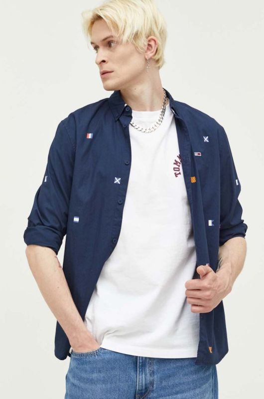 Бавовняна сорочка Tommy Jeans чоловіча колір синій regular комір button-down (3284988)