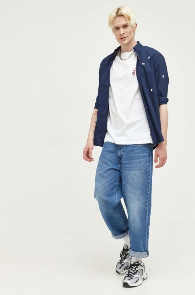 Бавовняна сорочка Tommy Jeans чоловіча колір синій regular комір button-down (3284988) фото 3