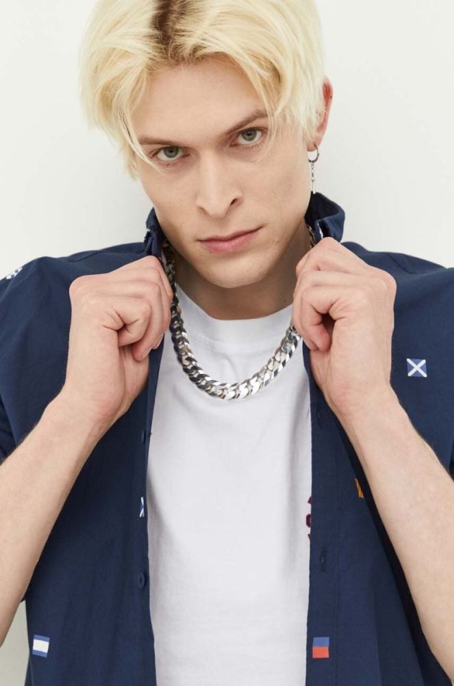 Бавовняна сорочка Tommy Jeans чоловіча колір синій regular комір button-down (3284988) фото 5