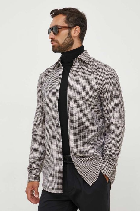 Бавовняна сорочка BOSS чоловіча колір бежевий slim класичний комір