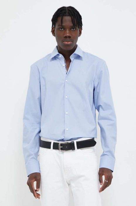 Бавовняна сорочка HUGO чоловіча slim з італійським коміром колір блакитний