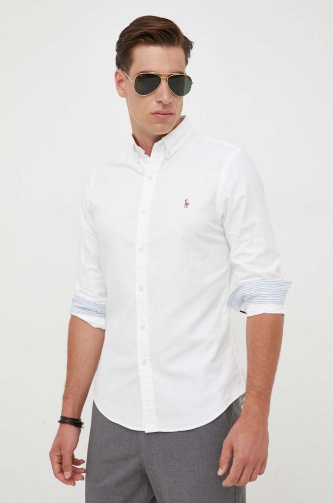 Бавовняна сорочка Polo Ralph Lauren чоловіча колір білий slim комір button-down (3429275)