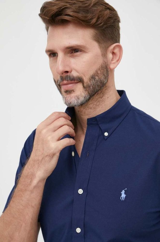 Сорочка Polo Ralph Lauren чоловіча колір синій slim комір button-down (3259910) фото 4