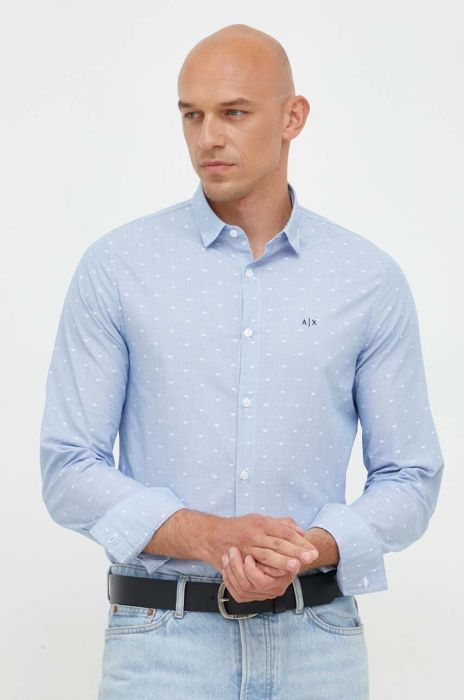 Бавовняна сорочка Armani Exchange чоловіча slim класичний комір колір блакитний (3366005)