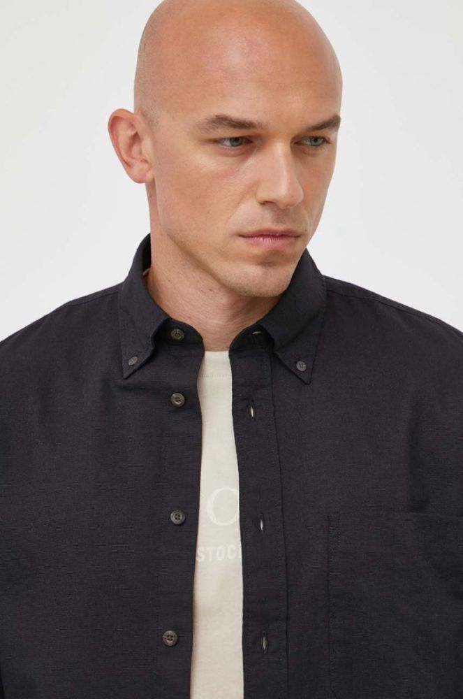 Сорочка з домішкою льону Marc O'Polo колір чорний regular комір button-down фото 5
