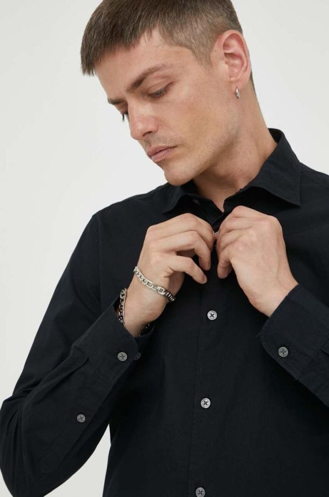 Бавовняна сорочка Marc O'Polo чоловіча колір чорний slim з італійським коміром фото 4