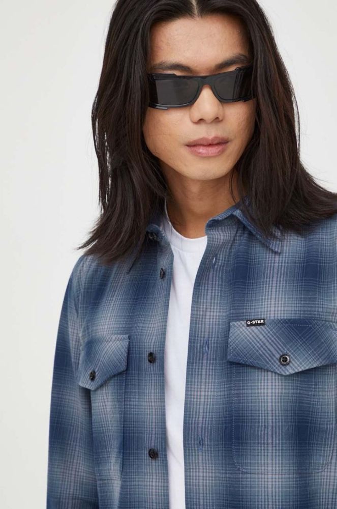Бавовняна сорочка G-Star Raw чоловіча колір синій slim класичний комір (3577573) фото 4