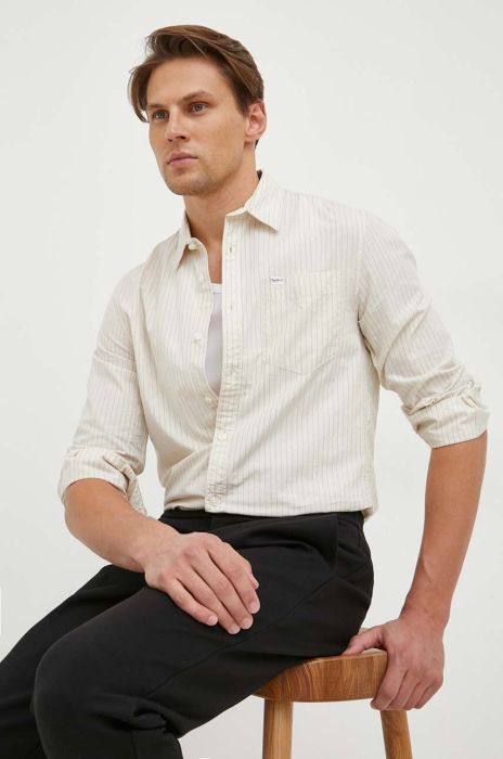 Бавовняна сорочка Pepe Jeans Cedar чоловіча колір бежевий slim класичний комір