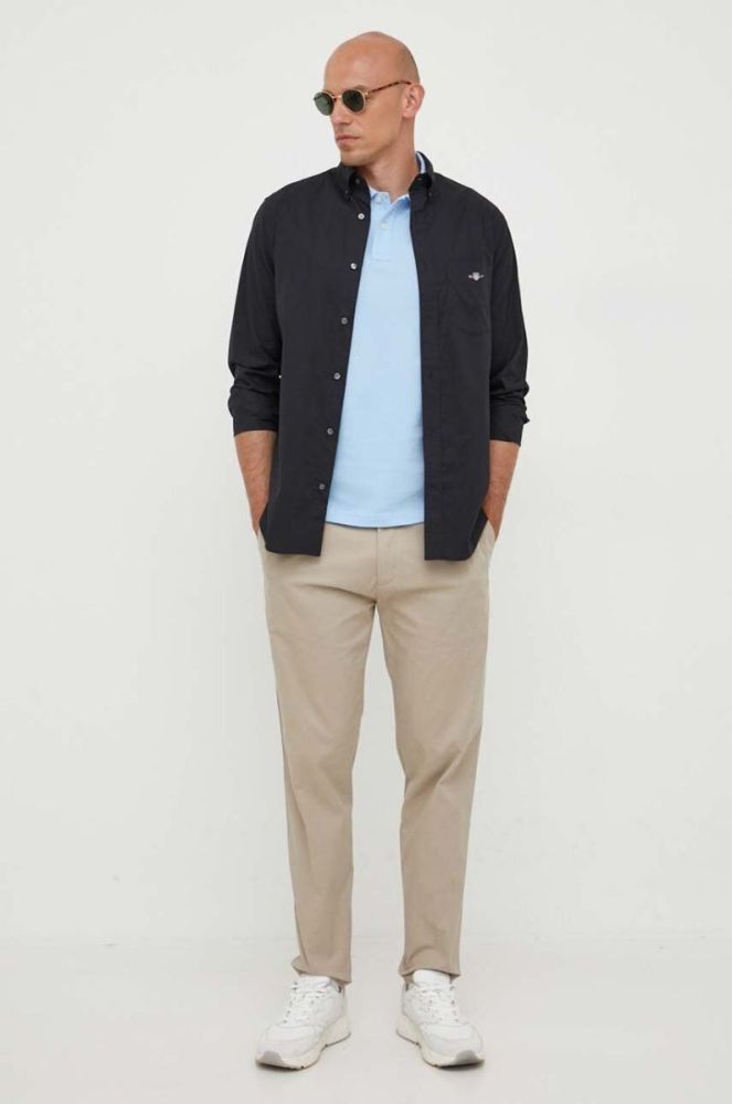 Бавовняна сорочка Gant чоловіча колір чорний regular комір button-down (3341973) фото 3