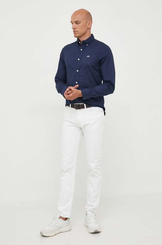 Бавовняна сорочка Gant чоловіча колір синій slim комір button-down фото 3