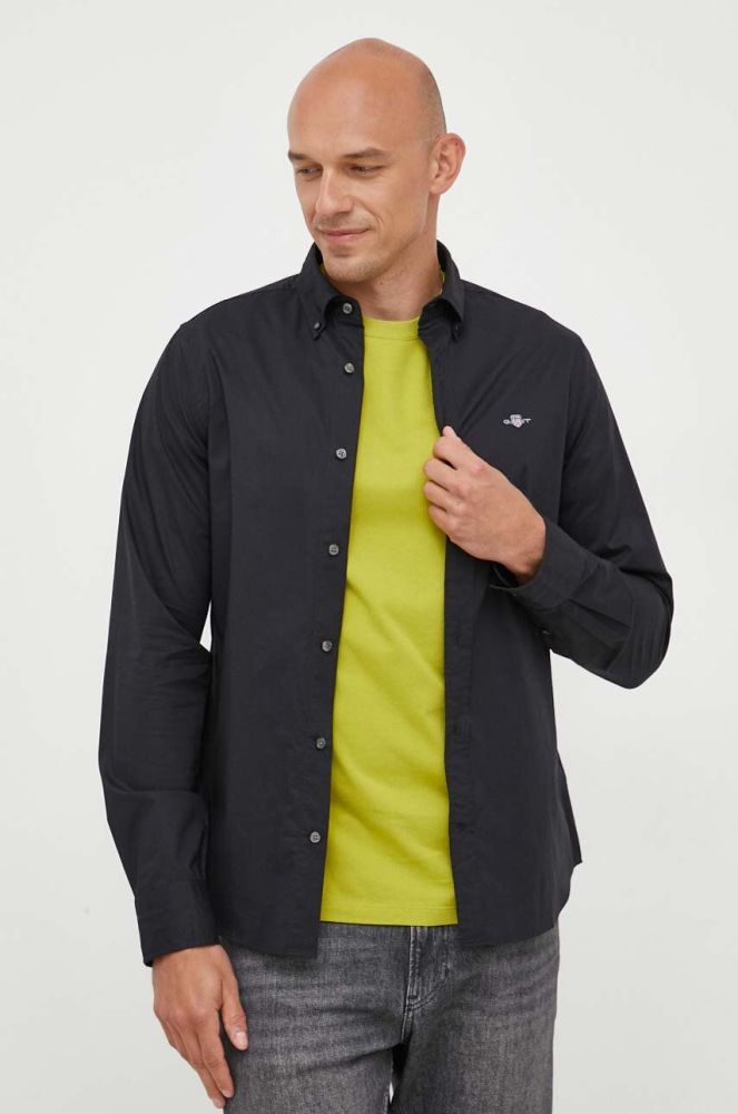 Бавовняна сорочка Gant чоловіча колір чорний slim комір button-down
