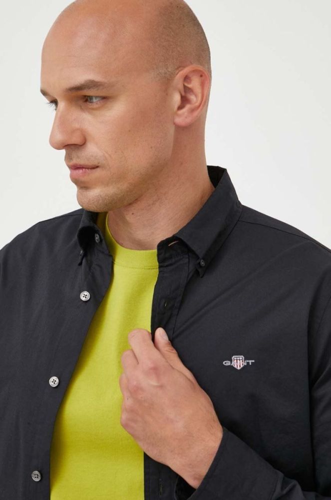 Бавовняна сорочка Gant чоловіча колір чорний slim комір button-down фото 5