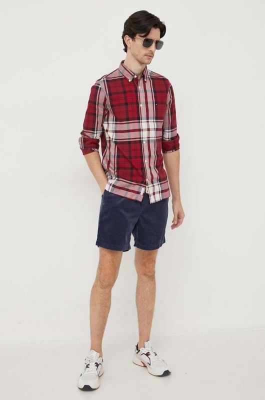 Бавовняна сорочка Tommy Hilfiger чоловіча колір бордовий slim комір button-down (3553884) фото 2