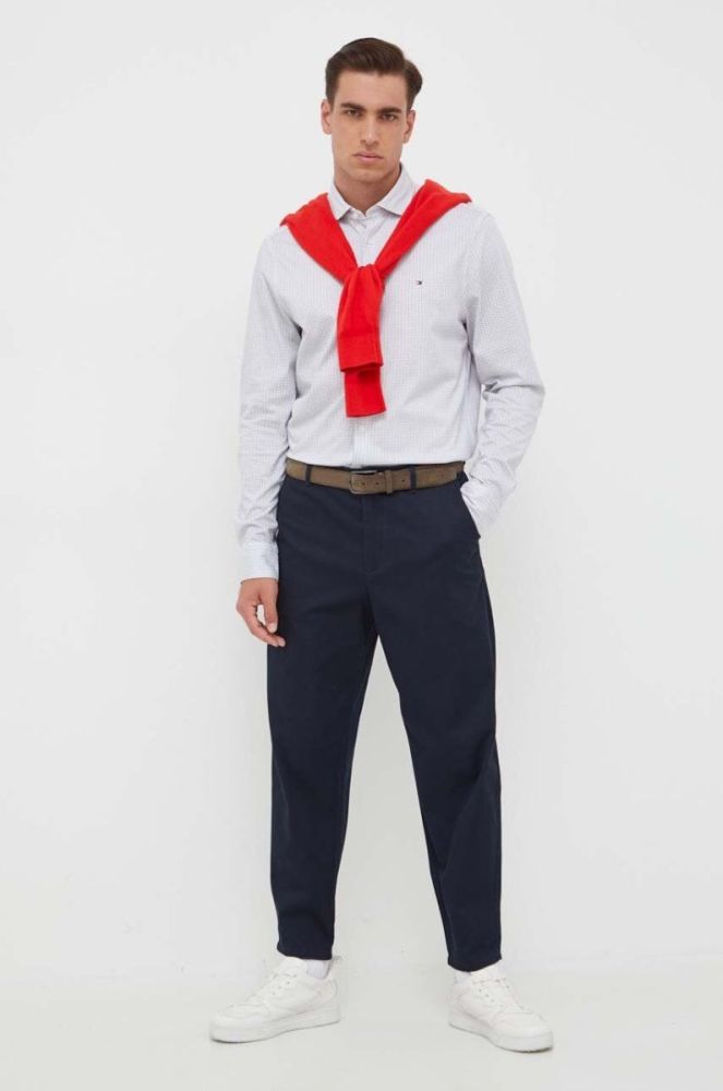 Бавовняна сорочка Tommy Hilfiger чоловіча колір сірий slim класичний комір фото 3