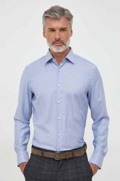 Вовняна сорочка BOSS slim класичний комір колір блакитний