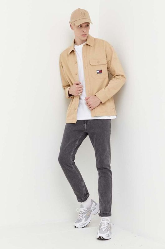 Бавовняна сорочка Tommy Jeans чоловіча колір бежевий relaxed класичний комір фото 2