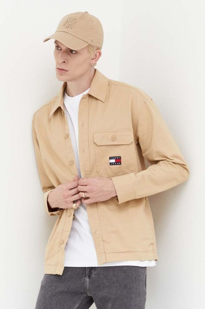 Бавовняна сорочка Tommy Jeans чоловіча колір бежевий relaxed класичний комір фото 4