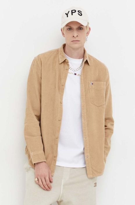 Вельветова сорочка Tommy Jeans колір бежевий regular класичний комір