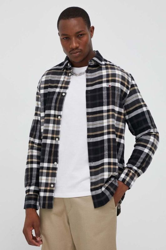Бавовняна сорочка Tommy Jeans чоловіча колір чорний regular класичний комір