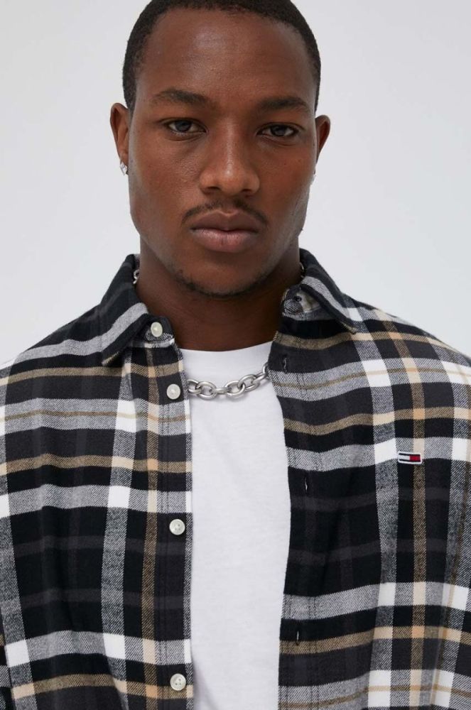 Бавовняна сорочка Tommy Jeans чоловіча колір чорний regular класичний комір фото 5