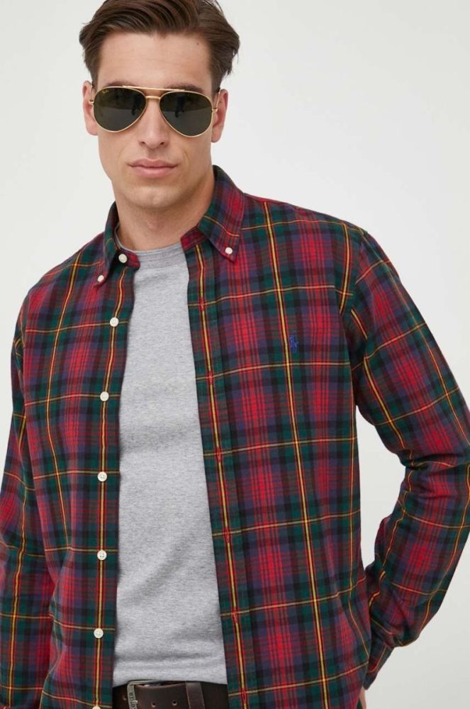 Бавовняна сорочка Polo Ralph Lauren чоловіча колір червоний regular комір button-down (3429294) фото 4