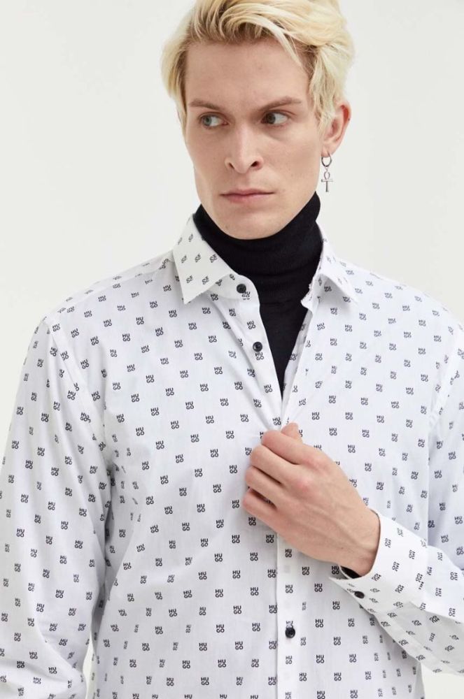 Бавовняна сорочка HUGO чоловіча колір білий slim класичний комір (3485811) фото 4
