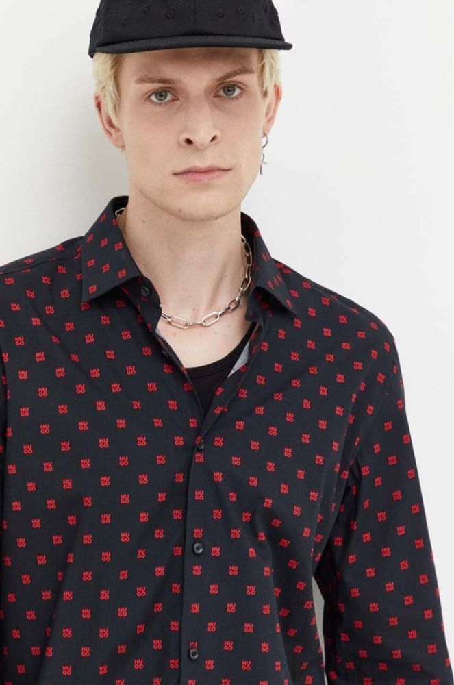 Бавовняна сорочка HUGO чоловіча колір чорний slim класичний комір (3485802) фото 2